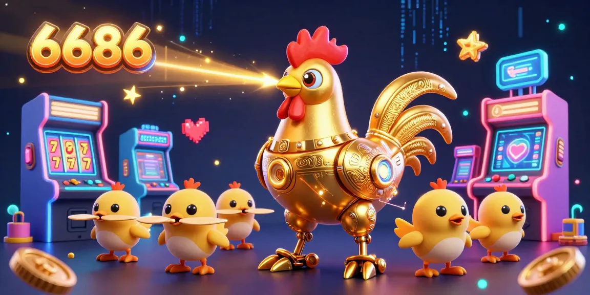 Experience the excitement of 6686 online casino with dynamic 3D elements, featuring a golden rooster robot and arcade machines.