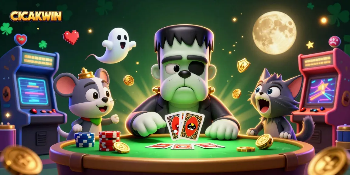 CICAKWIN offers thrilling gaming with a fun Frankenstein bulldog dealer, mystical elements, and vibrant casino excitement.