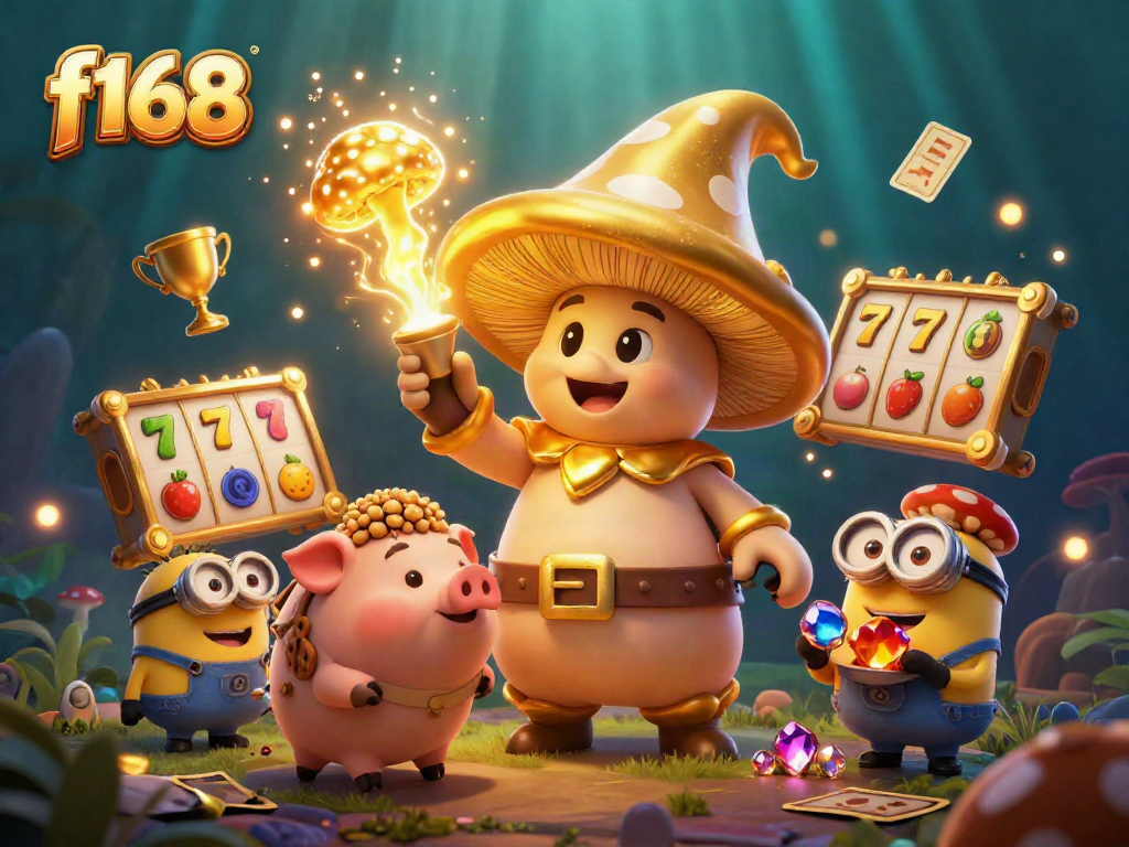Experience the magical world of f168 as the golden mushroom wizard transforms treasures in a vibrant casino.