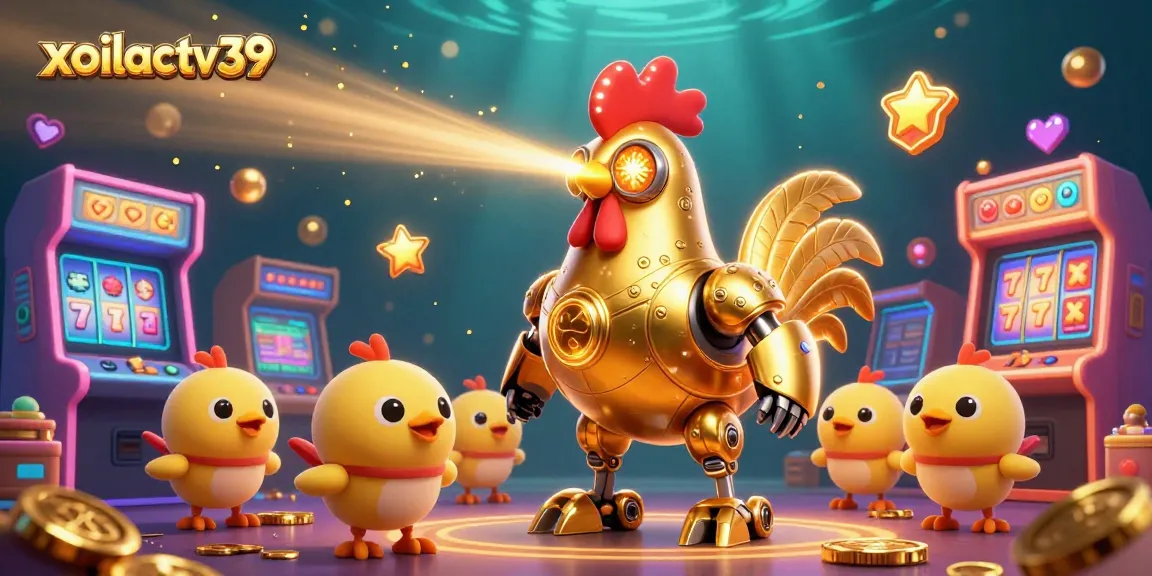 Engage with xoilactv39 through vibrant 3D illustration as a golden rooster robot leads a gaming adventure!