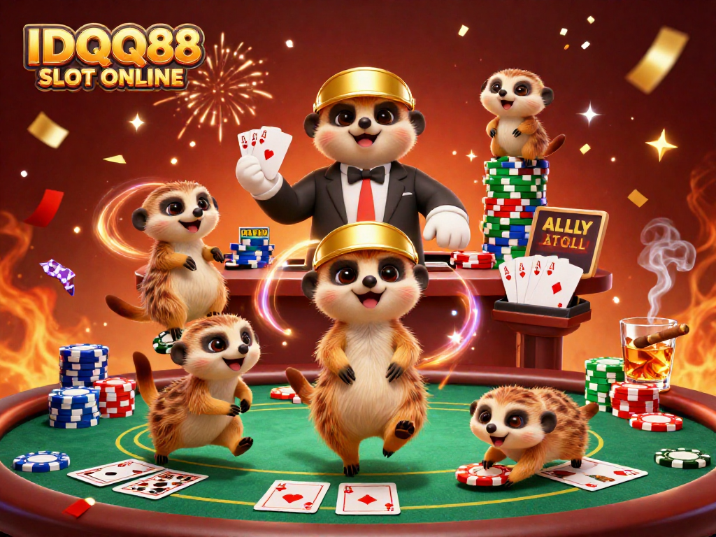 Engage with IDQQ88 SLOT ONLINE as meerkats run a casino, showcasing vibrant poker elements.