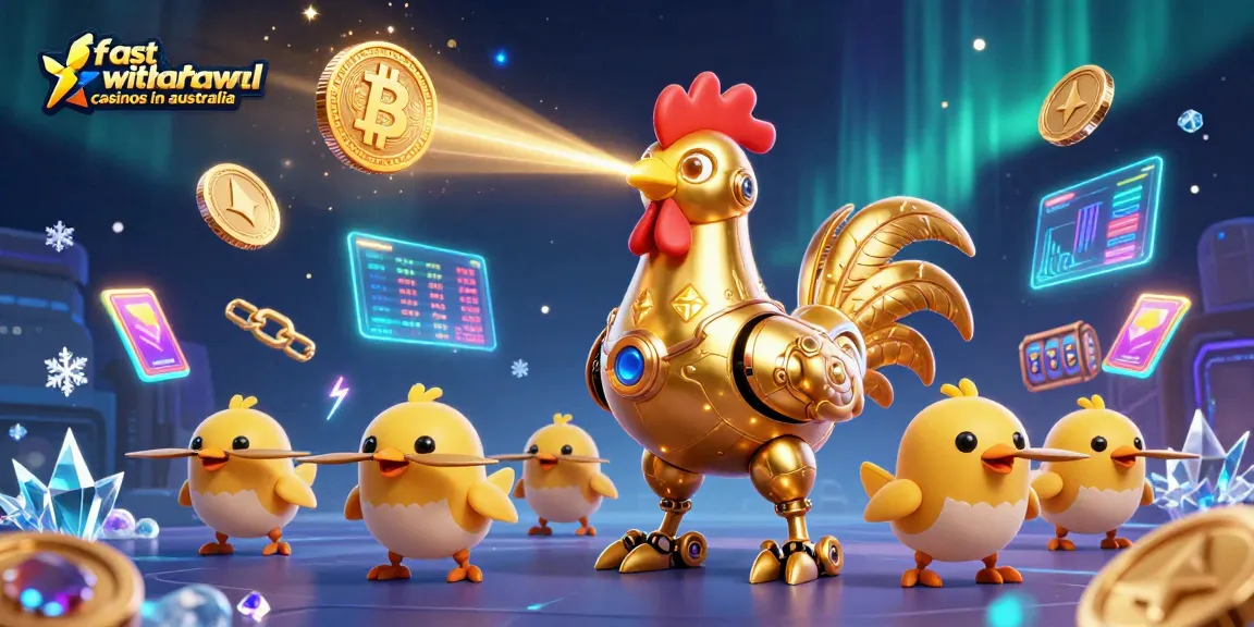 Experience fast withdrawal casinos in Australia with a dynamic 3D illustration of a golden rooster robot and baby chick drones, featuring vibrant currency elements.