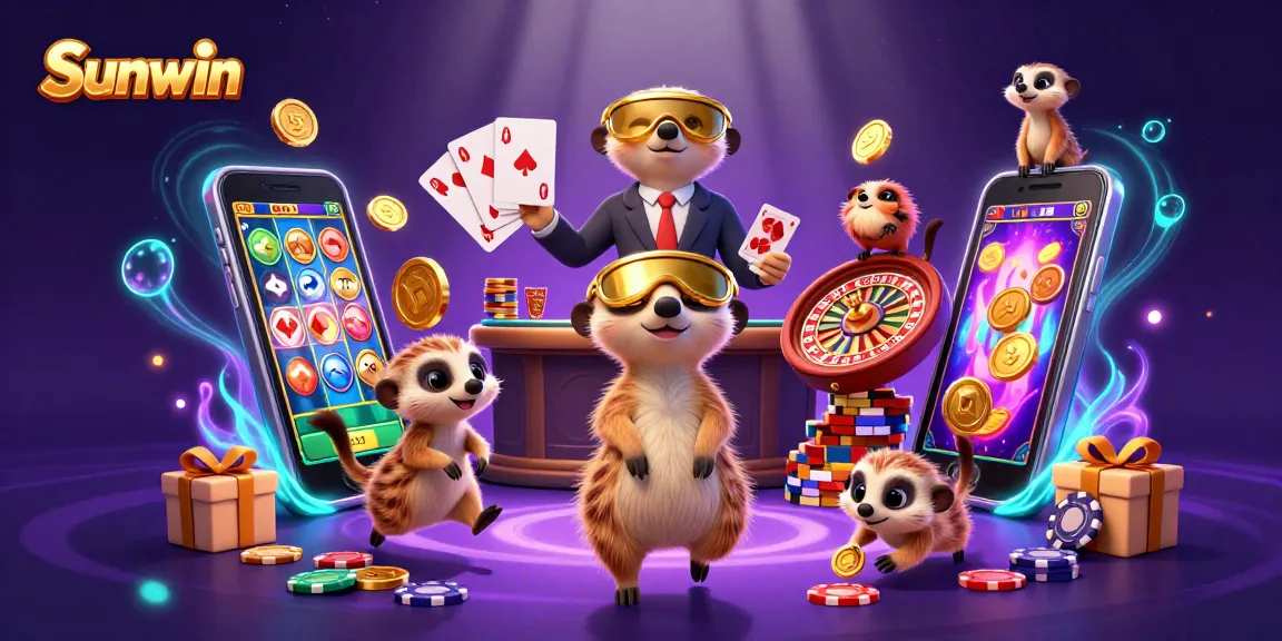 Experience the excitement of Sunwin casino with meerkats managing games, colorful slots, and vibrant elements
