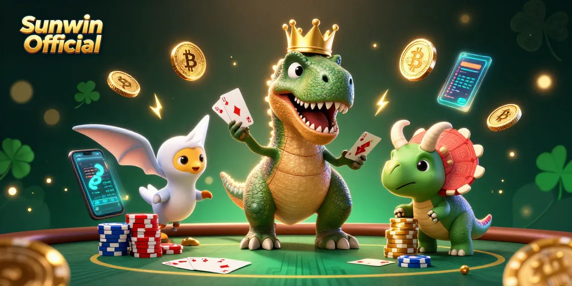 Join the action with Sunwin Official as characters shuffle poker cards and stack chips in a vibrant casino scene.
