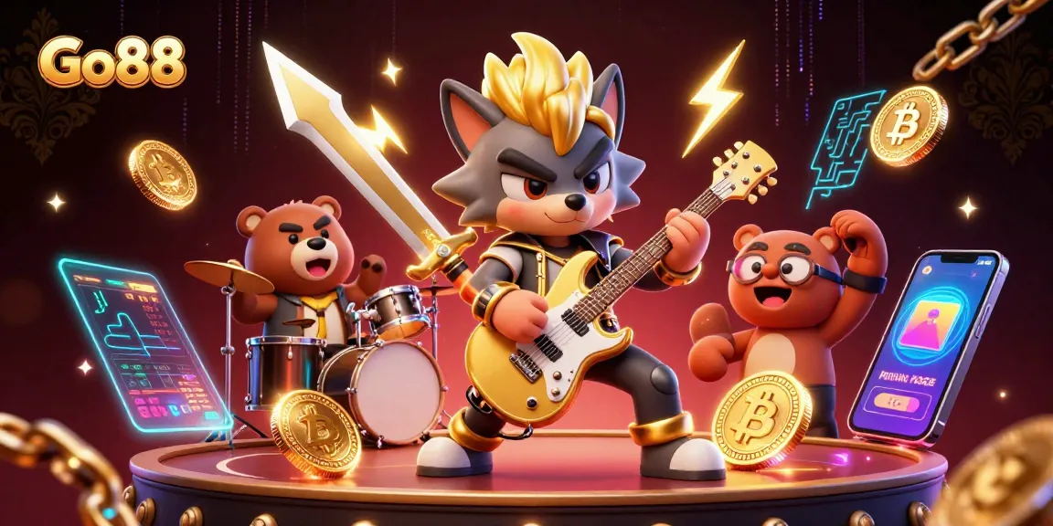 Go88 offers an electric gaming experience with a cartoon rock star wolf and animated bear on stage amidst cryptocurrency elements.